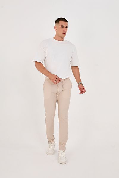 BROCARD Ανδρικό ύφασμα Seersucker Lycra Jogger Slimfit μέσης μισό ελαστικό μπεζ υφασμάτινο παντελόνι