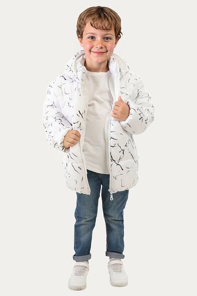 Riverstorm Boys' Winter Puffer Jacket - White, Detachable Hood, Water and Windproof, with Pockets