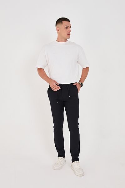 BROCARD Men's Seersucker Fabric Lycra Jogger Slimfit Waist Half Elastic Navy Blue Fabric Trousers