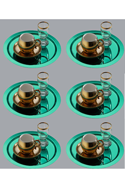 SİNİ Paslanmaz Çelik 6 Adet Yuvarlak Lüx Yeşil Kahve, Çay Sunum Servis Tepsisi