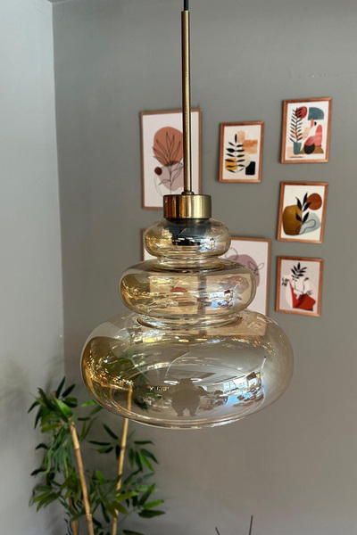 Bamyum Lily Cam Bal Rengi Tekli Avize Eskitme Ince Başlık Retro Sarkıt Lamba Restoran Salon Aydınlatma