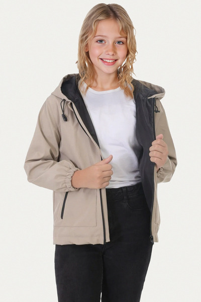 Riverstorm Girl's Stone Lined Water and Windproof Hooded Double Zipper Pocket Raincoat