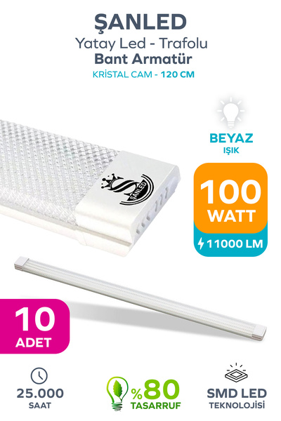 ŞANLED 100wat 120 Cm Kristal Yatay Led Bant Armatür-trafolu Beyaz Işık -10 Ad...