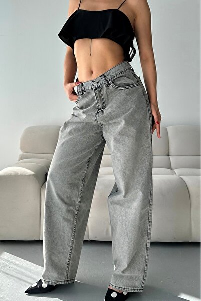 DESTEMODA Dámské džíny Baggy Volný střih Snow Chemické praní Kalhoty s mousta...