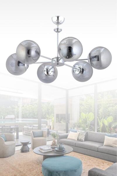 İstanbul Avize Nisa 6'lı Gümüş Füme Glop Camlı Avize