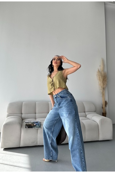 DESTEMODA بنطلون جينز نسائي فضفاض فضفاض مناسب للثلج مغسول كيميائيًا باللون ال...