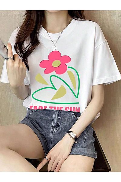 DUBU BUTİK تي شيرت Face The Sun - تي شيرت أبيض مطبوع كبير الحجم برقبة دائرية وأكمام قصيرة