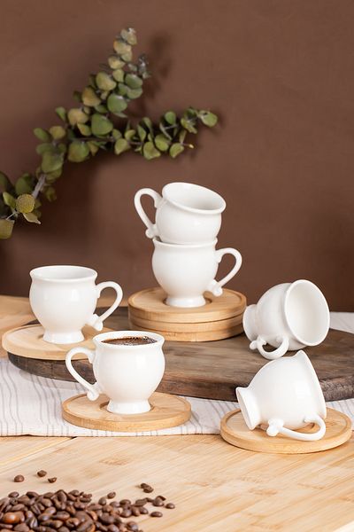 Porsima 101964 Porcelain 6-Person Cup Set with Bamboo Plate 12 Piece Turkish Coffee Cup Set-90Ml