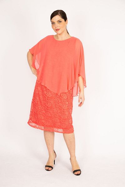 Şans Women's Pomegranate Large Size Chiffon Cape Lined Lace Dress 65n36065