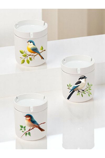 lili hediyelik Set de 3 suporturi de cenușă din ceramică cu imprimeu de păsări