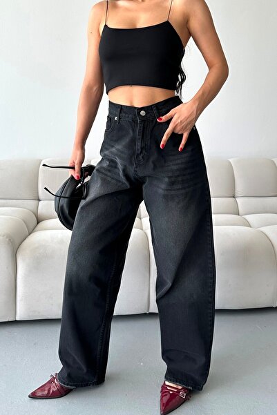 DESTEMODA Blugi de damă, largi, cu tăietură largă, pentru spălat chimic, cu mâneci lungi, negri 4001