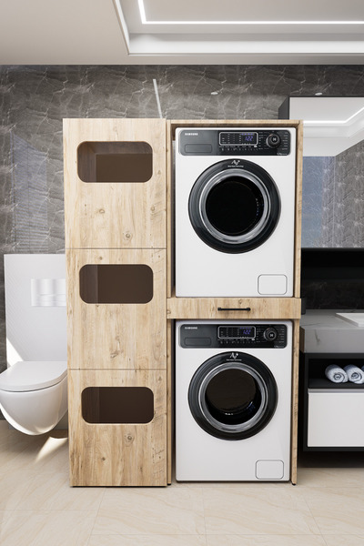 Mirobi Washbox Banyo Kirli Sepetli Çamaşır Makinası Dolabı Ve Kurutma Makinası Dolabı Çam