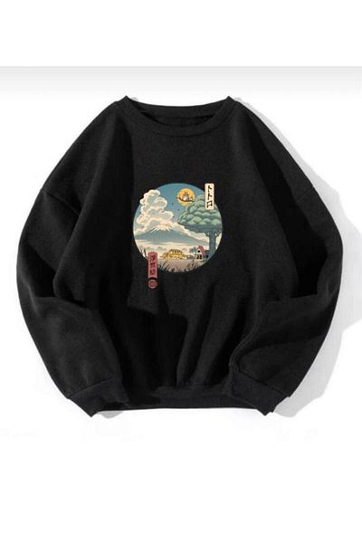 DUBU BUTİK Anime Toroto Design Sweatshirt - Black Printed Oversize Thick Winter Crew Neck