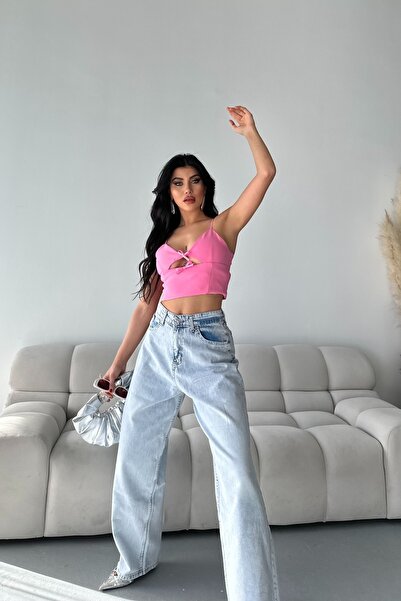 DESTEMODA Blugi de damă, largi, cu tăietură largă, pentru spălat chimic, cu mâneci lungi, albastru gheață 4001