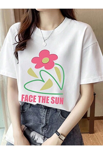 DUBU BUTİK Μπλουζάκι Face The Sun - Μπλουζάκι με κοντό μανίκι με λευκή στάμπα Oversize