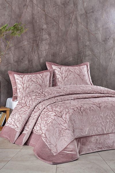 Elart Bedspread Set Double Fiber Filled Panel Velvet Spring Dried Rose