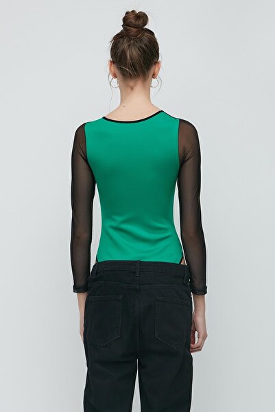 C&City Green Tulle Detail Long Sleeve Fancy Bodysuit 9153