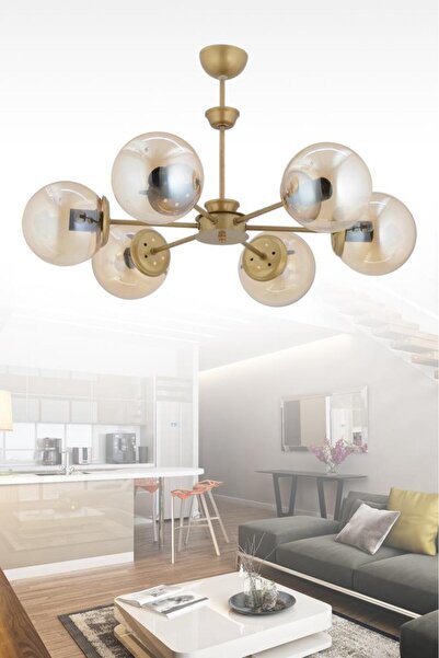 İstanbul Avize Nisa 6'lı Eskitme Sarı Glop Camlı Avize