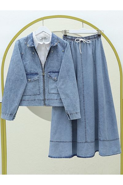Modamorfo Set jachetă și fustă cu fermoar cu perle Ice Blue
