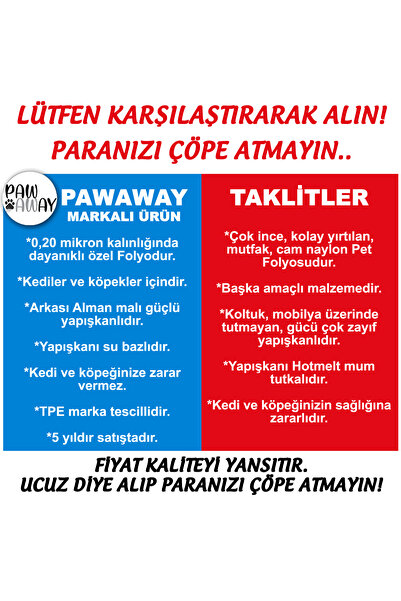 PAWAWAY Kedi Eğitim Bandı Tek Yüz Yapışkanlı Tırmalama Caydırıcı Koltuk Mobilya Koruyucu 25x45 Cm. 4 Adet