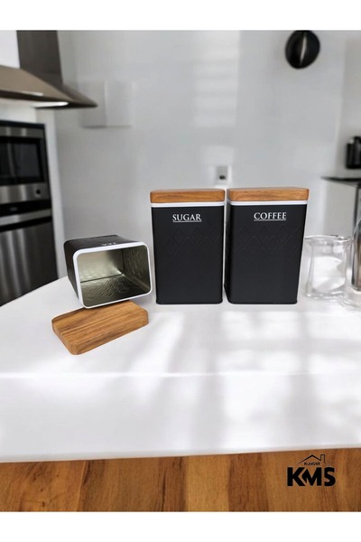 Genel Markalar Bambu Görünümlü Kapak Ve 3'lü Siyah Metal Kavanoz Seti