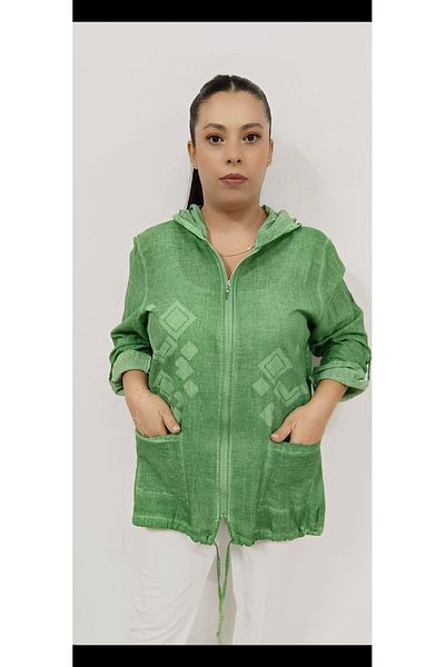 AKŞEN GİYİM LARGE SIZE WOMEN'S COTTON LINEN FABRIC EMBOSSED AND SIM PRINTED TWO-POCKET HOODED ZIPPERED JACKET