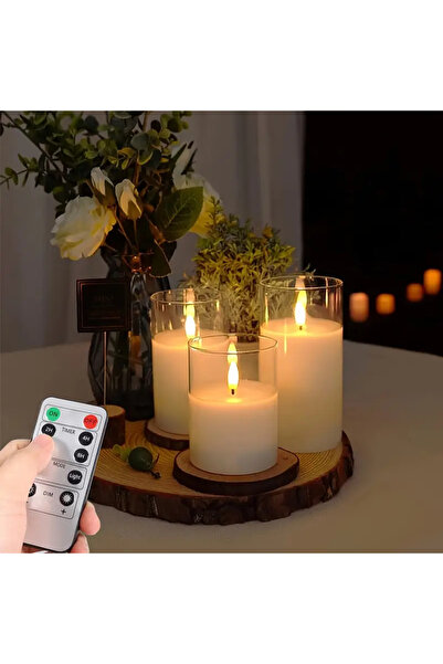 ESTRON Alevsiz Led Mum Uzaktan Kumandalı Pilli Şeffaf Üçlü Mum Seti - 7,5*10-...