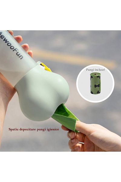 MewooFun Sticlă de apă portabilă 2 în 1 pentru câini, etanșă, cu dozator de pungă igienică inclus, verde