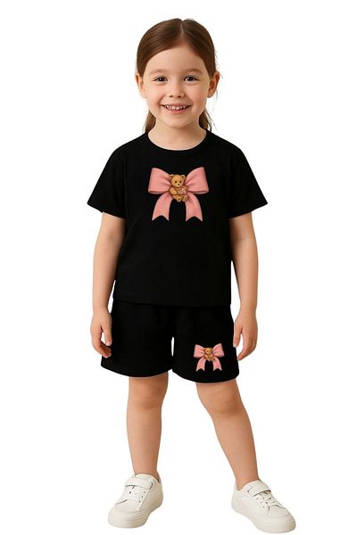 DUBU BUTİK Pink Bear Teddy Bear Ribbon Printed Children's Suit - Black Shorts Black T-Shirt Suit Printed Girls' Ya