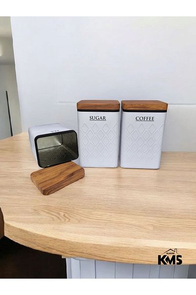 KMS Kumsar Bamboo Look Lid and 3-Piece White Metal Jar Set