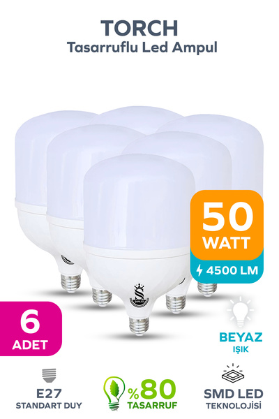 ŞANLED 50W Tasarruflu E27 BEYAZ IŞIK Torch Led Ampul-1-2-4-6-8-10 ADETTİR