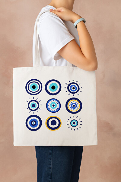 Outdoor One Kadın Bez Çanta Nazar Boncuğu Baskılı 33cmx38cm Omuz Çantası, Günlük Kullanıma Uygun