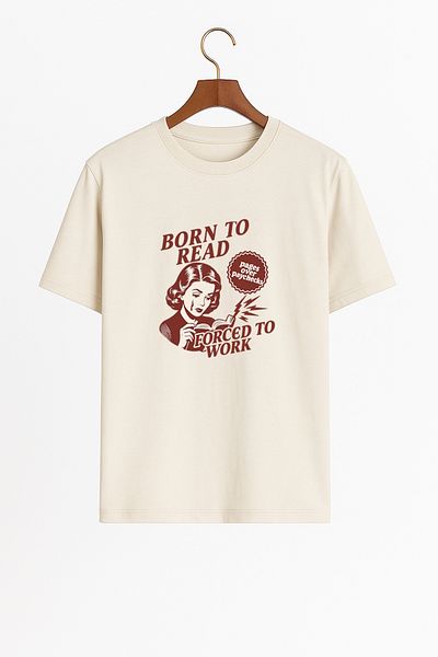 Elvellon Born To Read Force To Work Μπεζ μπλουζάκι με λαιμόκοψη Unisex