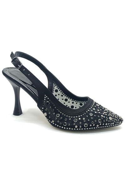 KCMN Feles Open Back Transparent Stone Detailed Cinderella Women's Heeled Shoes Black