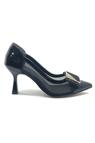 KCMN Feles Women's Heeled Shoes with Transparent Stone Buckle Detail Black