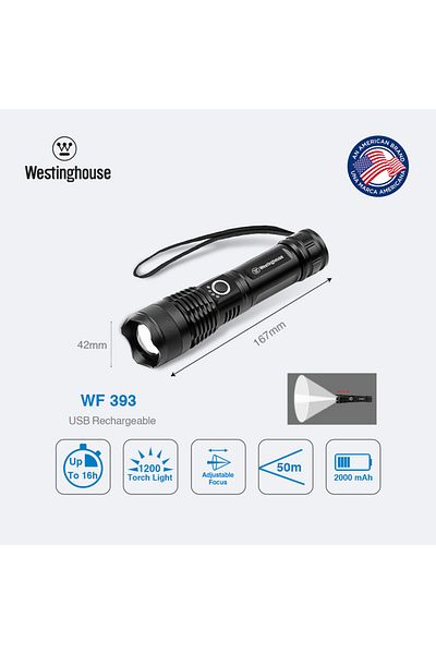 Westinghouse WF393 Rechargeable Flashlight - Ultra Bright LED Torch with Adjustable Focus - 1200 Lum