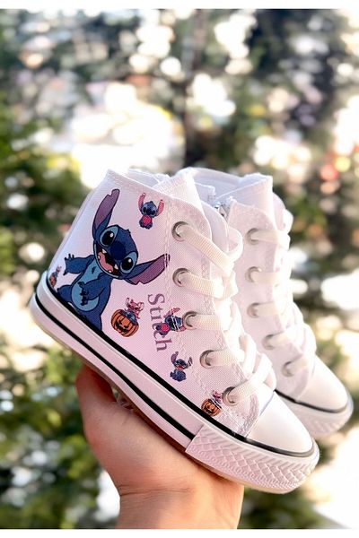 Görkem bebe ayakkabı ve tekstil Girl's Sttich White High Top Sneakers (Side Zipper)