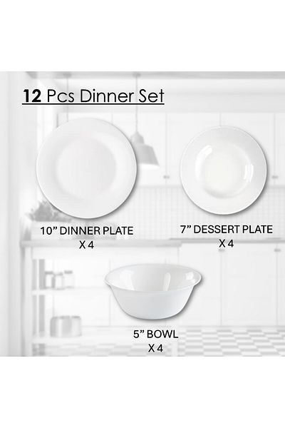 Houzi 12 Pcs Opal ware Dinner set 4 Dinner plate 4 Dessert plate 4 Bowls Dishwasher Microwave safe