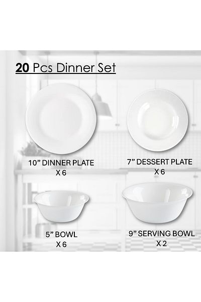Houzi 20 Pcs Opal ware Dinner set 6 Dinner plate 6 Dessert plate 6 Bowls 2 Serving Bowl
