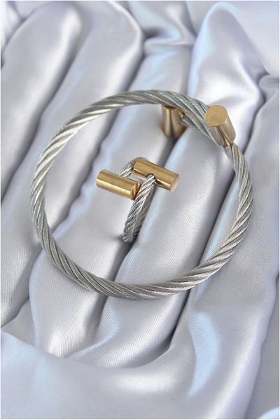Skygo Men's Bracelet Ring Combination - 316L Steel, Silver Color, Gold Detail, Spiral Model - TJ-EB3603