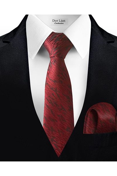 Dor Lion Patterned Red Tie and Handkerchief