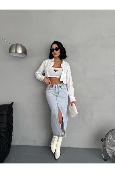 Zeo Basic FUSTA JEAN DE MĂRIME MAXI SLIT SNOW WASH