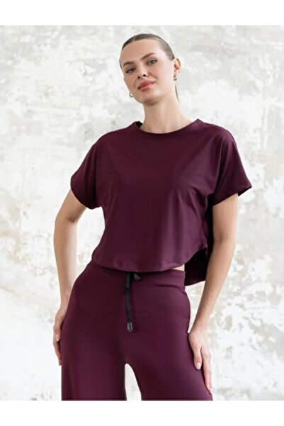 lismina Mürdüm Rengi Kısa Kollu Spor Yoga Tişörtü