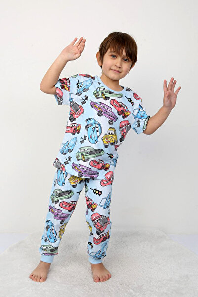 Genel Markalar Erkek Çocuk %100 Pamuk Baskılı Pijama Takımı – Kısa Kollu, Araba Desenli Pijama