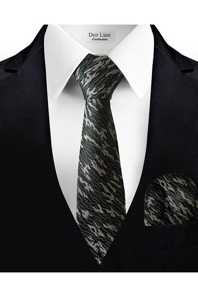 Dor Lion Gray Patterned Black Tie and Handkerchief