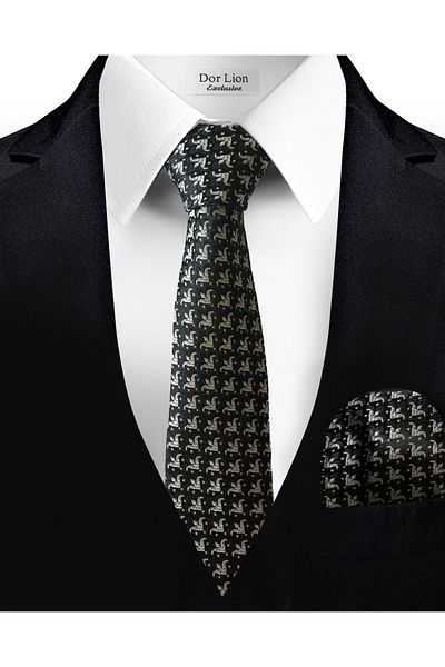 Dor Lion Black Tie and Handkerchief with White Lily Pattern - 7 cm