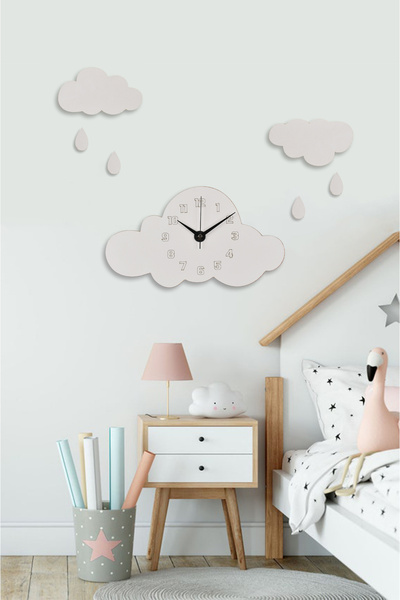 İnfigo Concept Ahşap Beyaz Bulutlu Çocuk Odası Duvar Saati (AHŞAP STİCKER BUL...
