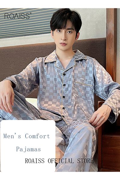 ROAISS 2-Piece Set Men's Long Sleeves Sleepwear Sets Satin Checked Printing Sleepwear Pajamas Pants Silk Ni