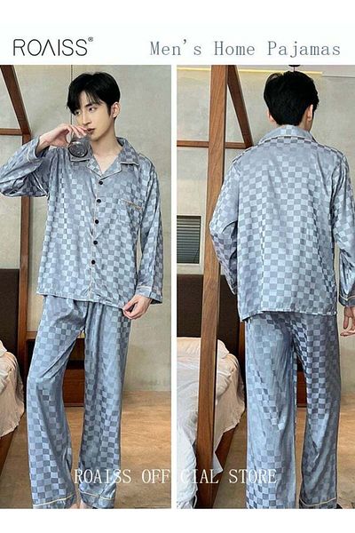 ROAISS 2-Piece Set Men's Long Sleeves Sleepwear Sets Satin Checked Printing Sleepwear Pajamas Pants Silk Ni