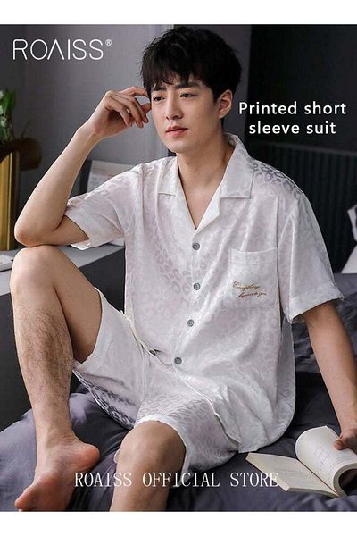 ROAISS Men 2 Piece Loungewear Set Short Sleeves & Shorts Ice Silk Pajamas Comfortable Skin Friendly Fabric
